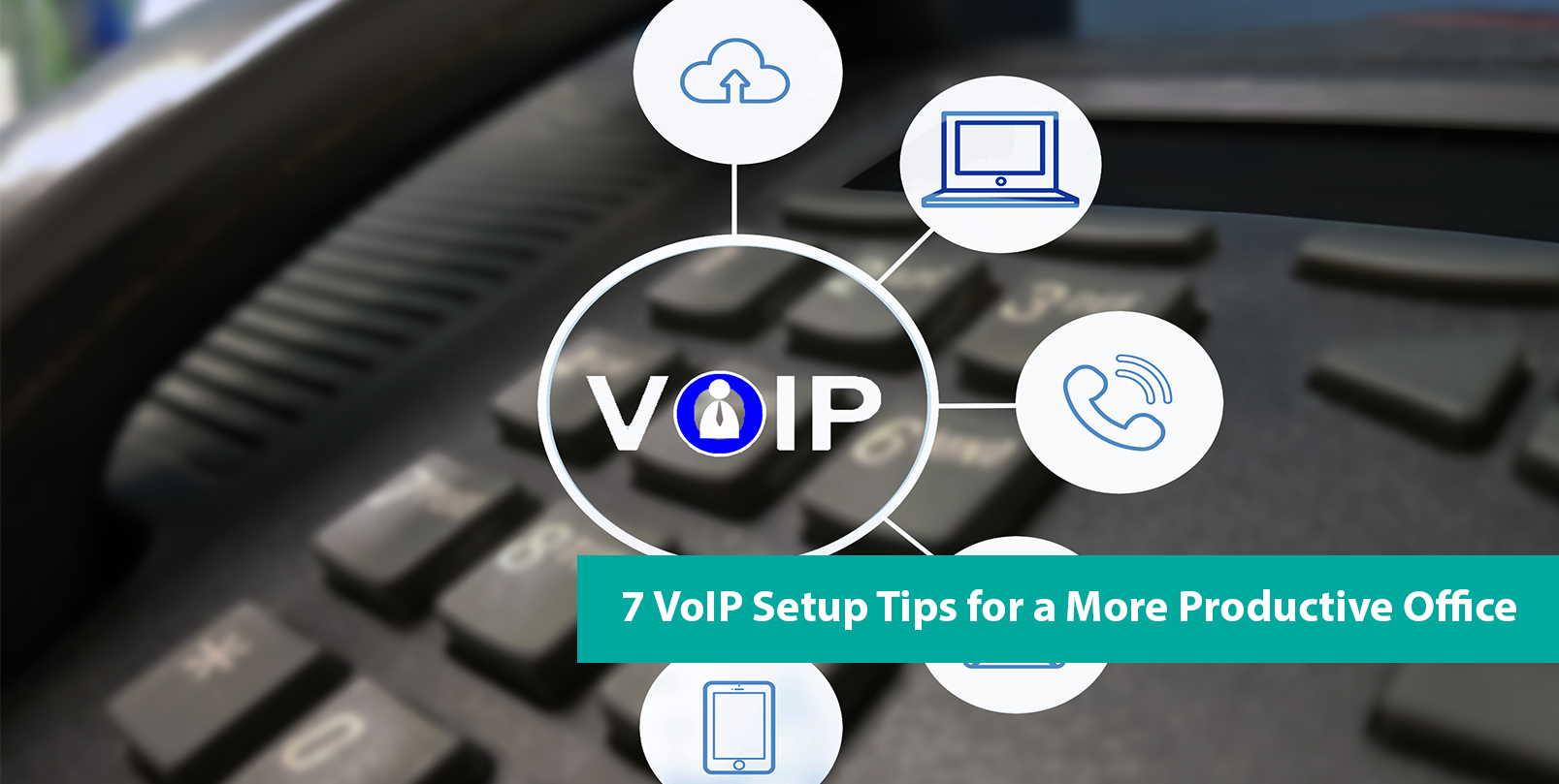 Cloud, laptop, and phone icons shown against a picture of a desktop phone, and text says VoIP.